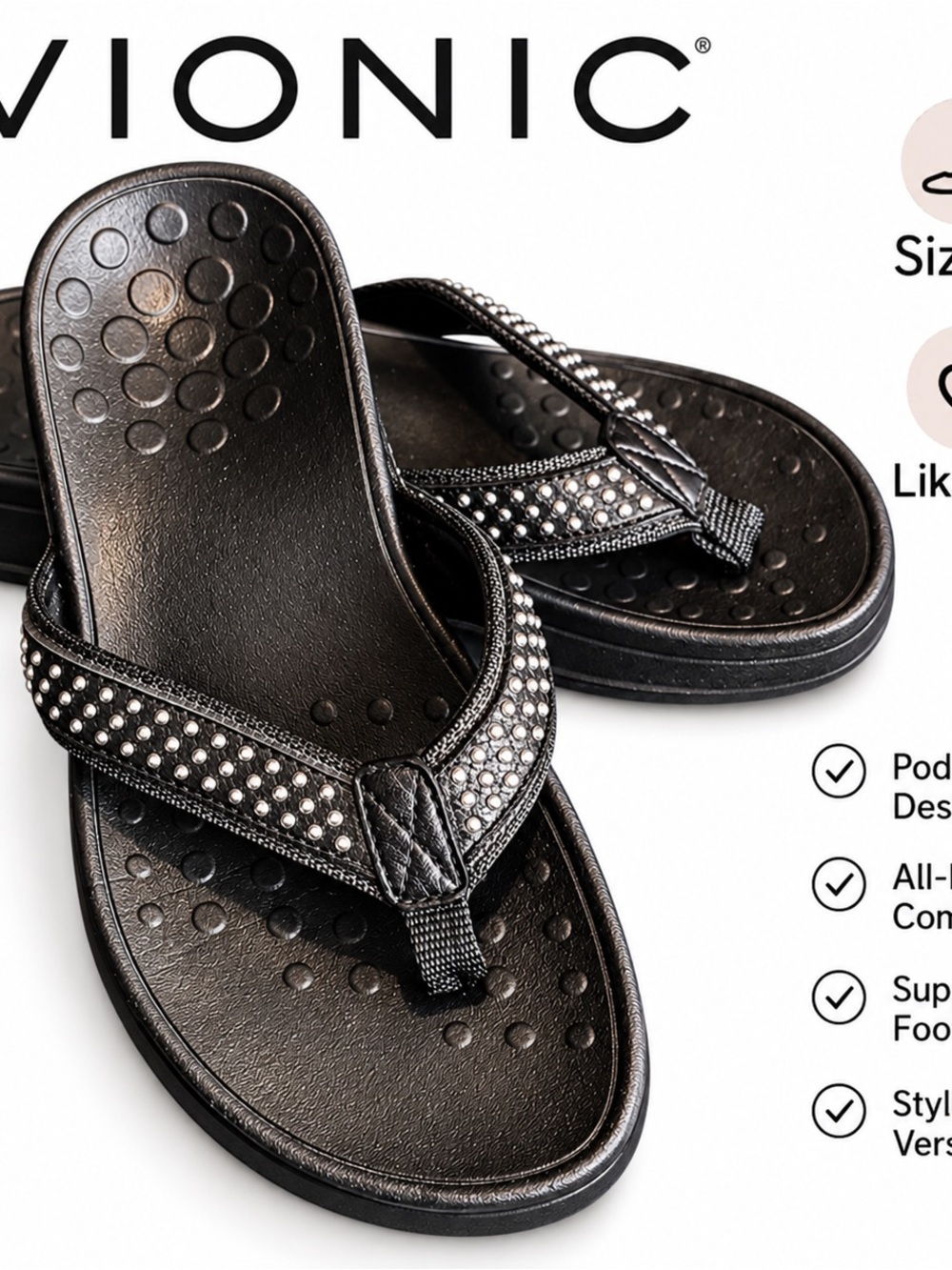 Vionic Black Studded Women's Flip Flop Sandals